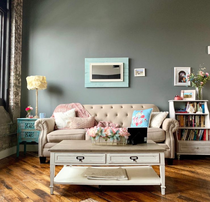 cream Tuffed couch sofa for small spaces